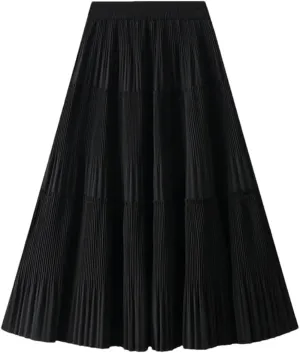Dndrdhfb Women's Pleated Long Skirt Casual Solid Color A-Line High Waist Spliced Midi Skirt