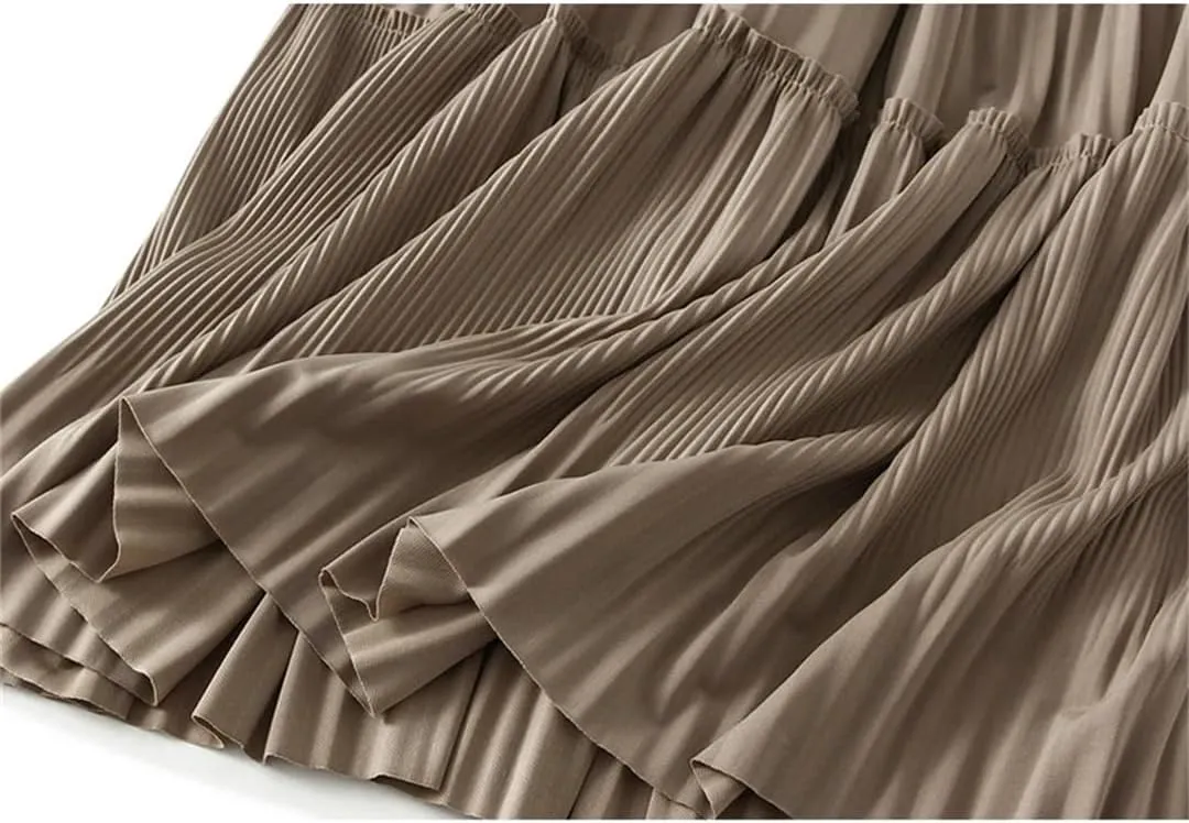 Dndrdhfb Women's Pleated Long Skirt Casual Solid Color A-Line High Waist Spliced Midi Skirt