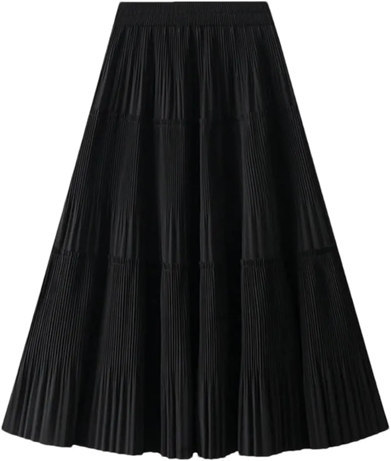 Dndrdhfb Women's Pleated Long Skirt Casual Solid Color A-Line High Waist Spliced Midi Skirt