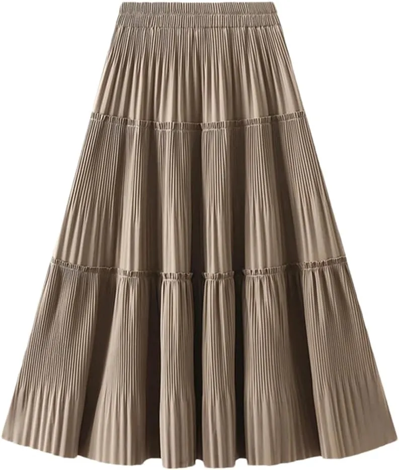 Dndrdhfb Women's Pleated Long Skirt Casual Solid Color A-Line High Waist Spliced Midi Skirt
