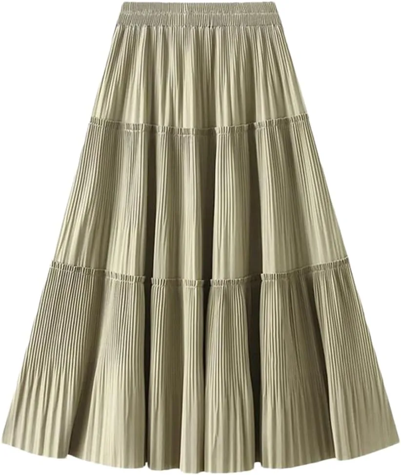Dndrdhfb Women's Pleated Long Skirt Casual Solid Color A-Line High Waist Spliced Midi Skirt