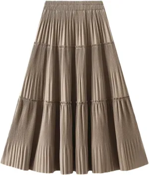 Dndrdhfb Women's Pleated Long Skirt Casual Solid Color A-Line High Waist Spliced Midi Skirt