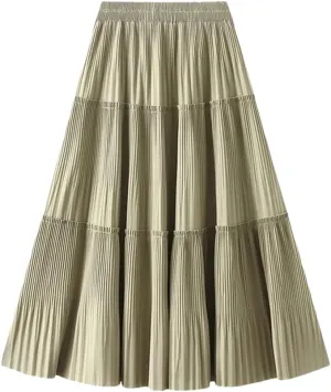 Dndrdhfb Women's Pleated Long Skirt Casual Solid Color A-Line High Waist Spliced Midi Skirt