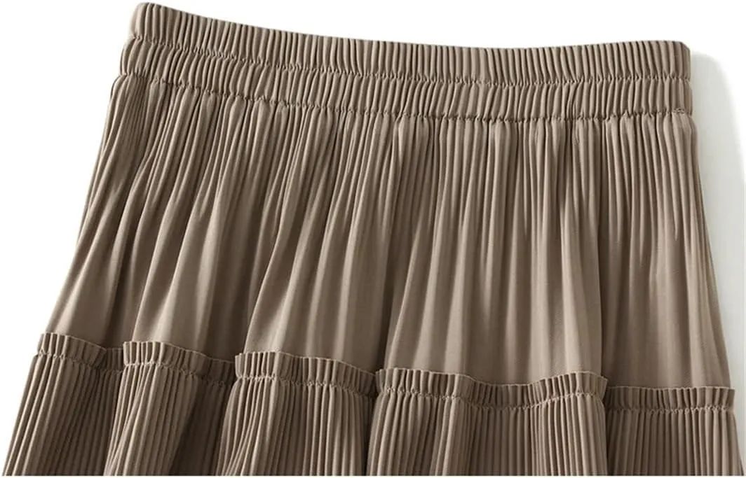 Dndrdhfb Women's Pleated Long Skirt Casual Solid Color A-Line High Waist Spliced Midi Skirt