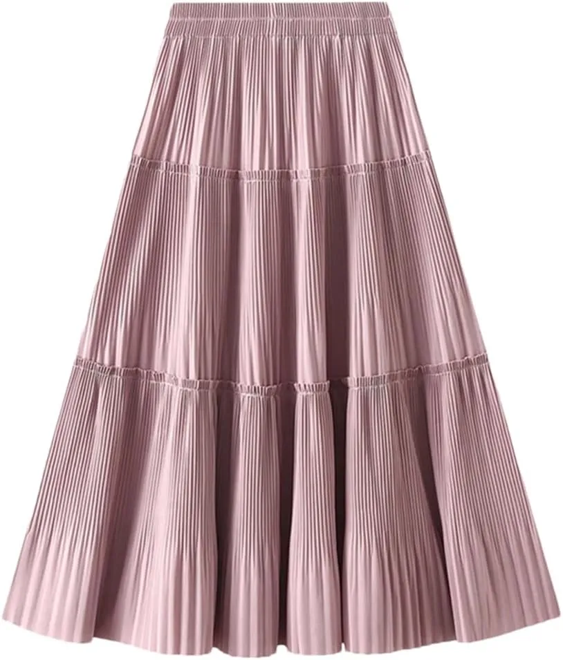 Dndrdhfb Women's Pleated Long Skirt Casual Solid Color A-Line High Waist Spliced Midi Skirt