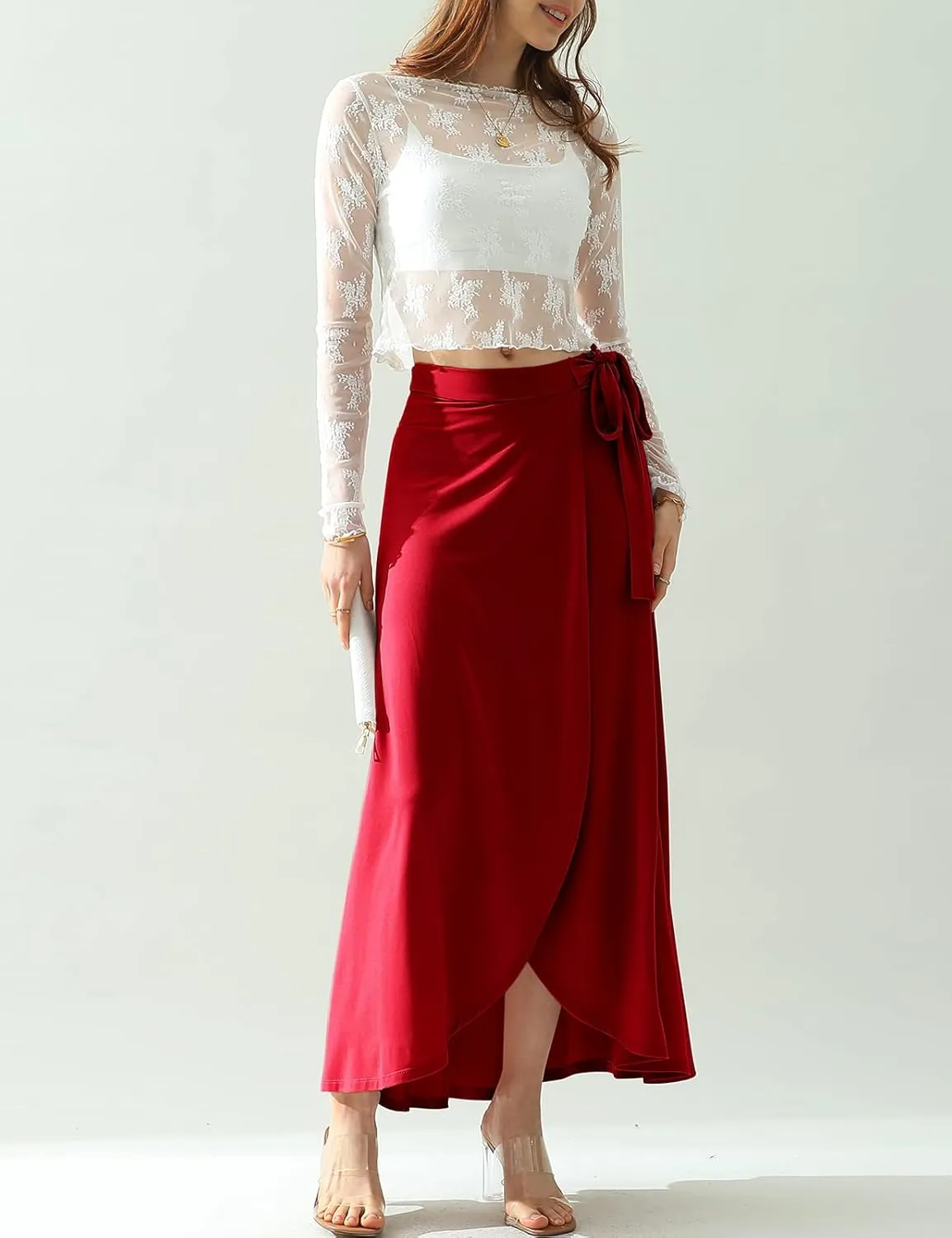 DOUBLJU Boho High Waisted Maxi Wrap Skirts with Slit High Waist Flare Ankle Length Long Basic Skirt for Womens with Plus Size