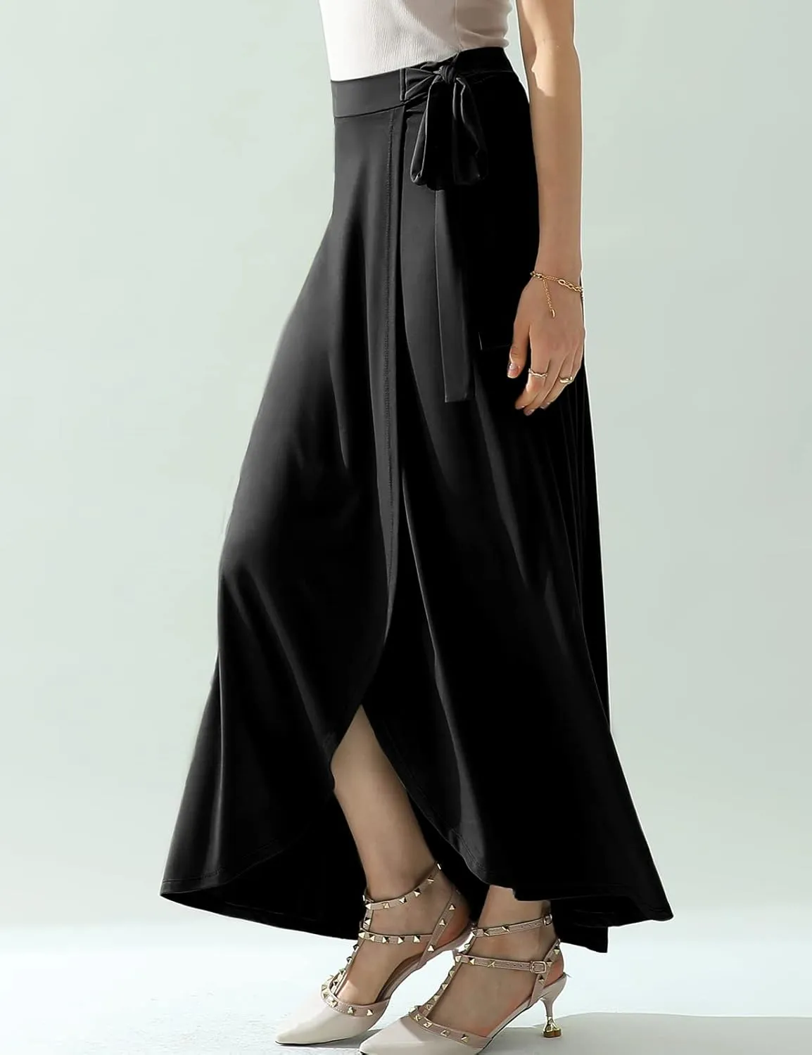DOUBLJU Boho High Waisted Maxi Wrap Skirts with Slit High Waist Flare Ankle Length Long Basic Skirt for Womens with Plus Size