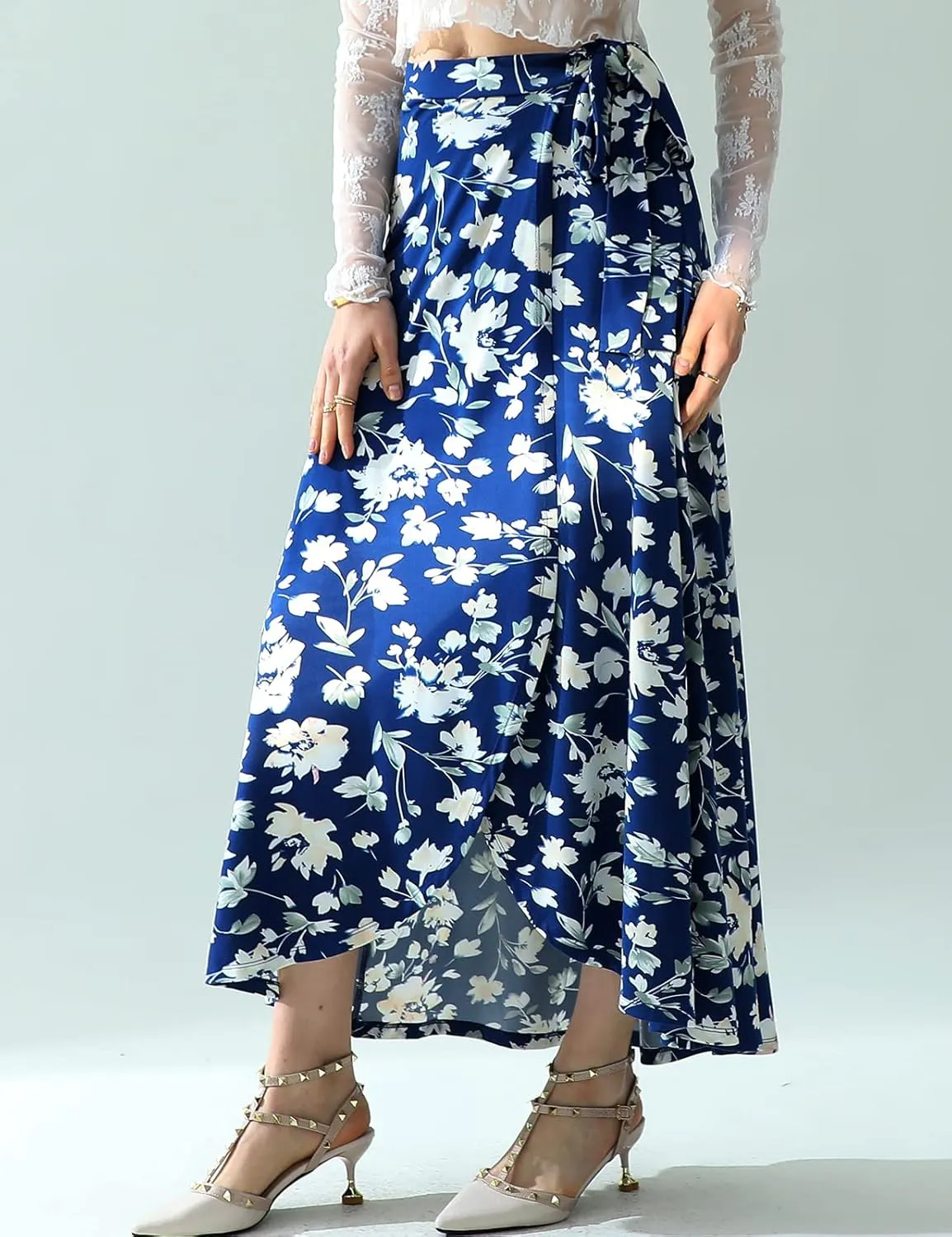 DOUBLJU Boho High Waisted Maxi Wrap Skirts with Slit High Waist Flare Ankle Length Long Basic Skirt for Womens with Plus Size