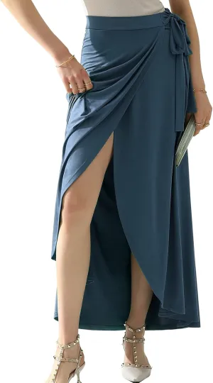 DOUBLJU Boho High Waisted Maxi Wrap Skirts with Slit High Waist Flare Ankle Length Long Basic Skirt for Womens with Plus Size