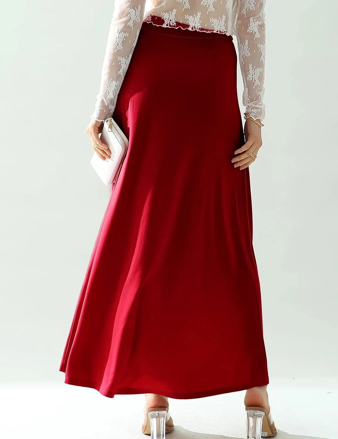 DOUBLJU Boho High Waisted Maxi Wrap Skirts with Slit High Waist Flare Ankle Length Long Basic Skirt for Womens with Plus Size
