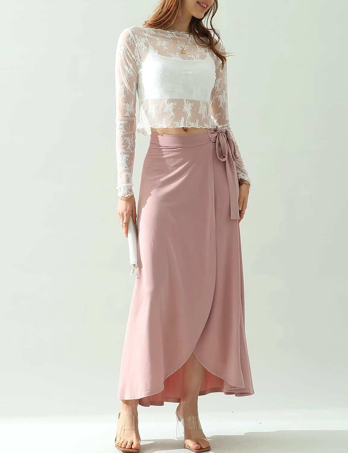 DOUBLJU Boho High Waisted Maxi Wrap Skirts with Slit High Waist Flare Ankle Length Long Basic Skirt for Womens with Plus Size