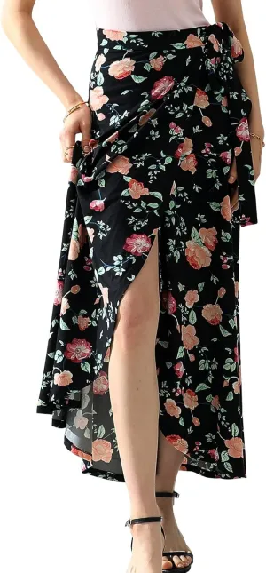 DOUBLJU Boho High Waisted Maxi Wrap Skirts with Slit High Waist Flare Ankle Length Long Basic Skirt for Womens with Plus Size