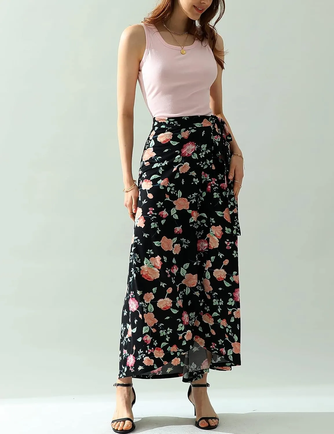 DOUBLJU Boho High Waisted Maxi Wrap Skirts with Slit High Waist Flare Ankle Length Long Basic Skirt for Womens with Plus Size