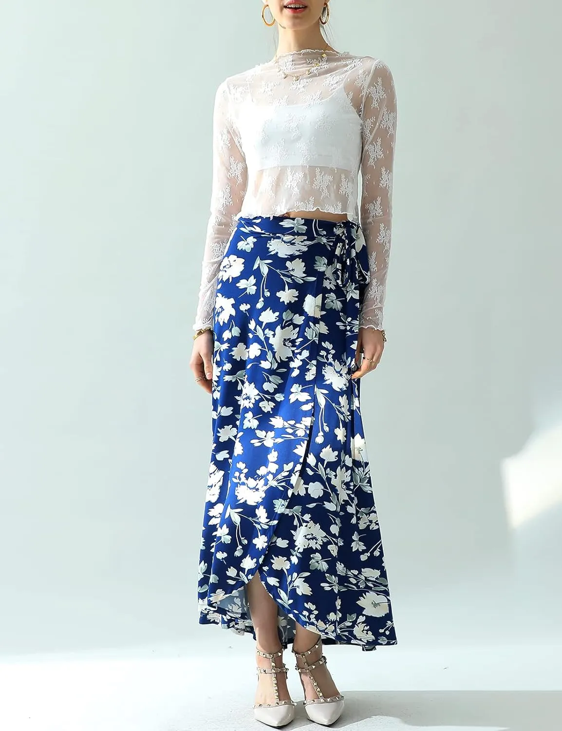 DOUBLJU Boho High Waisted Maxi Wrap Skirts with Slit High Waist Flare Ankle Length Long Basic Skirt for Womens with Plus Size