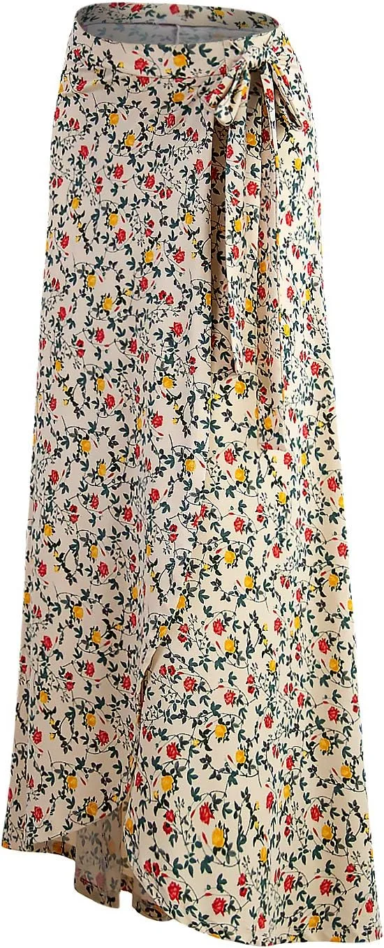 DOUBLJU Boho High Waisted Maxi Wrap Skirts with Slit High Waist Flare Ankle Length Long Basic Skirt for Womens with Plus Size