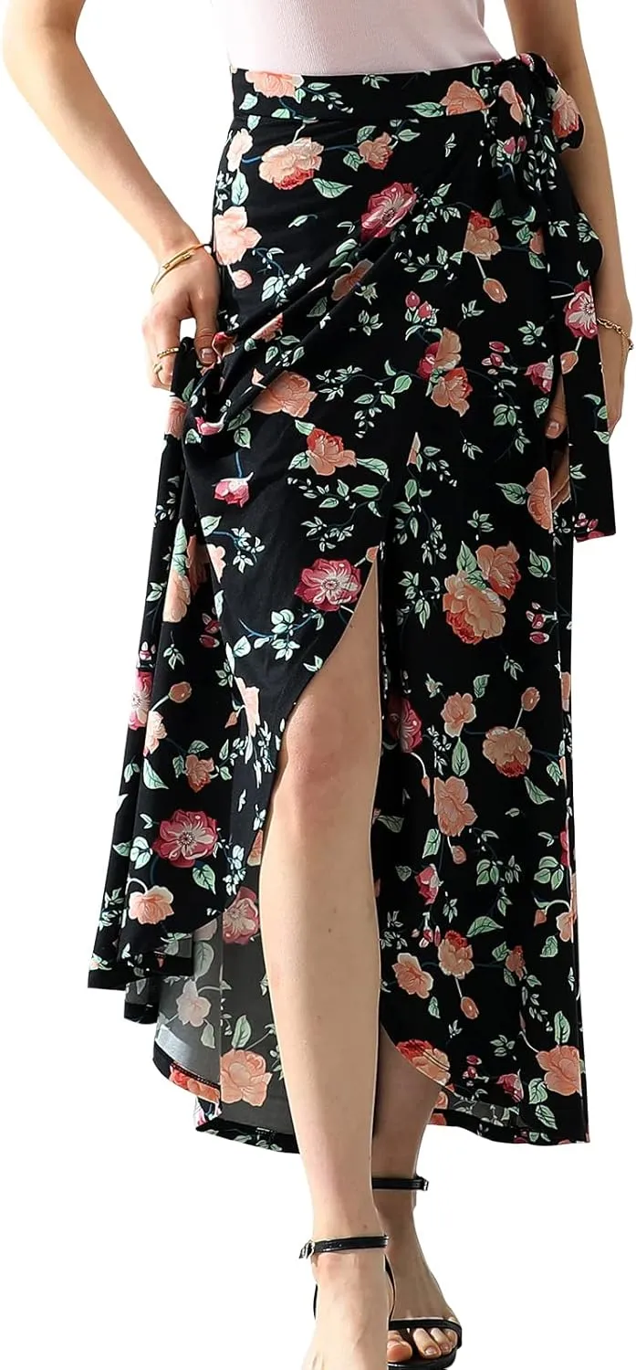 DOUBLJU Boho High Waisted Maxi Wrap Skirts with Slit High Waist Flare Ankle Length Long Basic Skirt for Womens with Plus Size