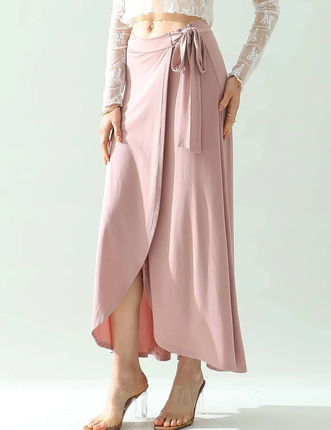 DOUBLJU Boho High Waisted Maxi Wrap Skirts with Slit High Waist Flare Ankle Length Long Basic Skirt for Womens with Plus Size