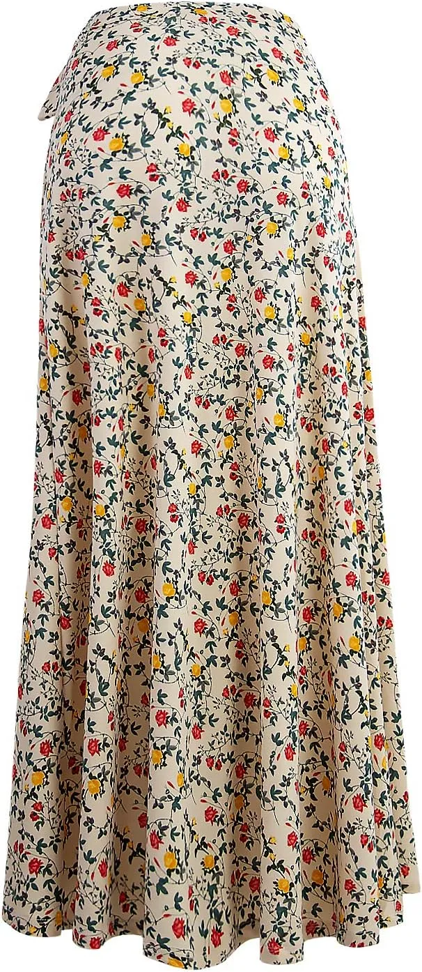 DOUBLJU Boho High Waisted Maxi Wrap Skirts with Slit High Waist Flare Ankle Length Long Basic Skirt for Womens with Plus Size