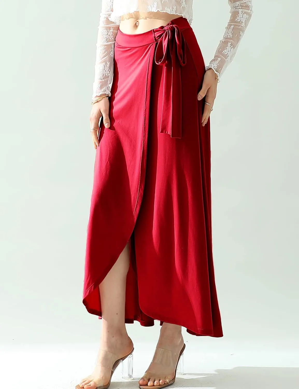 DOUBLJU Boho High Waisted Maxi Wrap Skirts with Slit High Waist Flare Ankle Length Long Basic Skirt for Womens with Plus Size