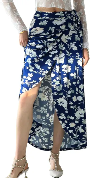 DOUBLJU Boho High Waisted Maxi Wrap Skirts with Slit High Waist Flare Ankle Length Long Basic Skirt for Womens with Plus Size