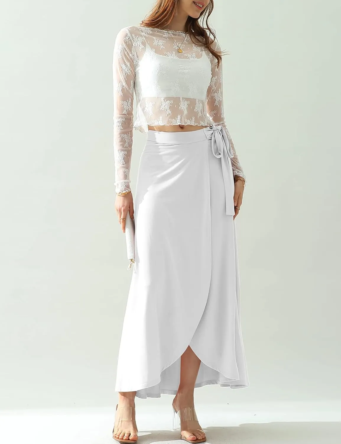 DOUBLJU Boho High Waisted Maxi Wrap Skirts with Slit High Waist Flare Ankle Length Long Basic Skirt for Womens with Plus Size