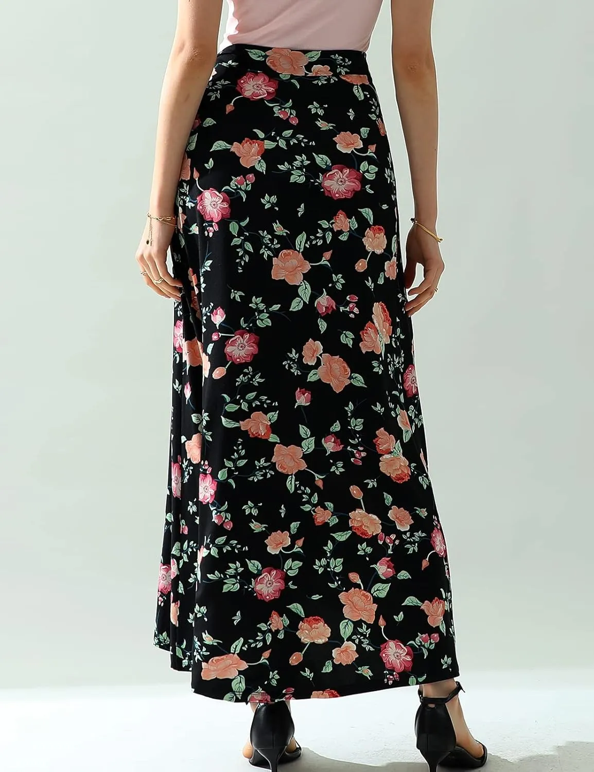 DOUBLJU Boho High Waisted Maxi Wrap Skirts with Slit High Waist Flare Ankle Length Long Basic Skirt for Womens with Plus Size