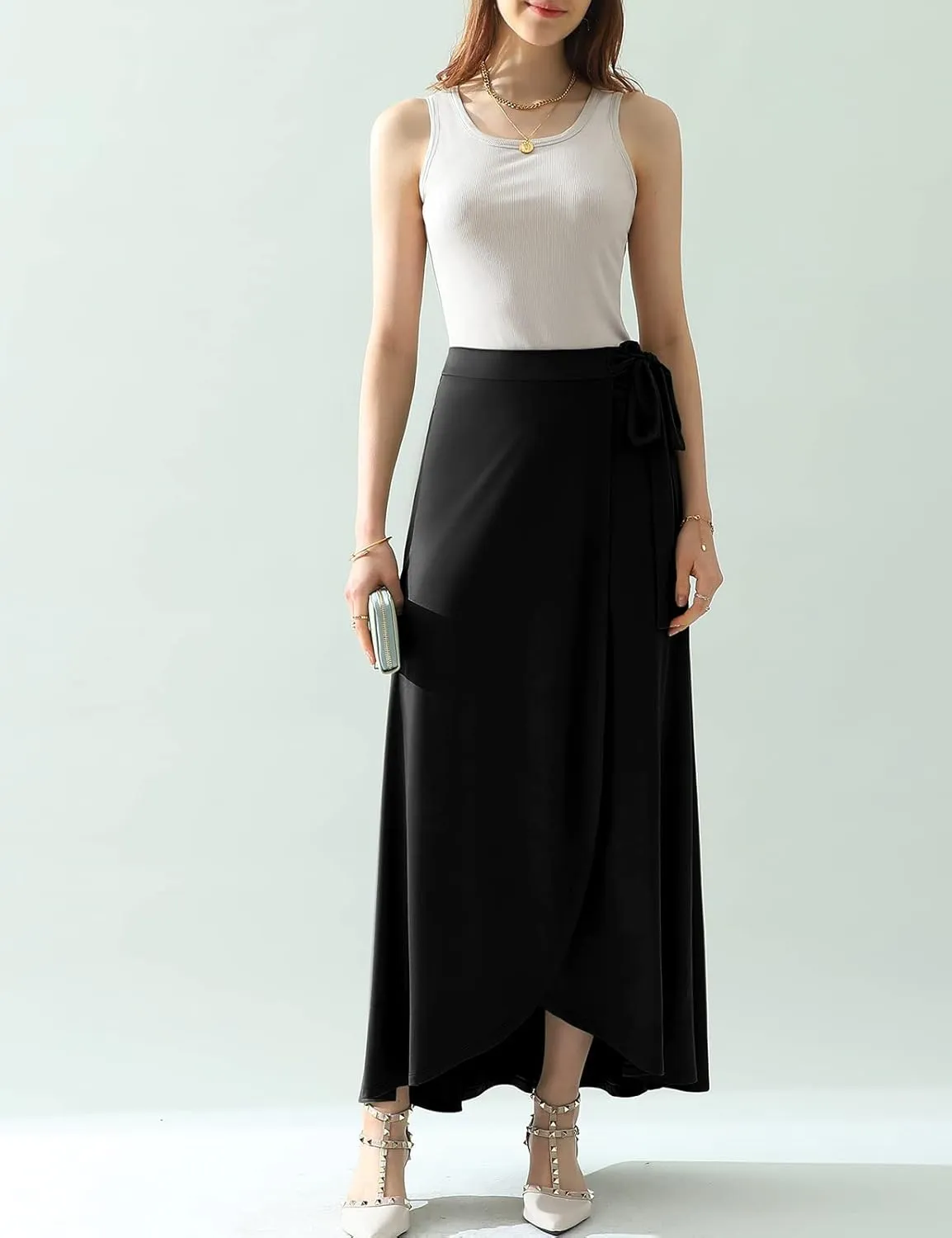 DOUBLJU Boho High Waisted Maxi Wrap Skirts with Slit High Waist Flare Ankle Length Long Basic Skirt for Womens with Plus Size