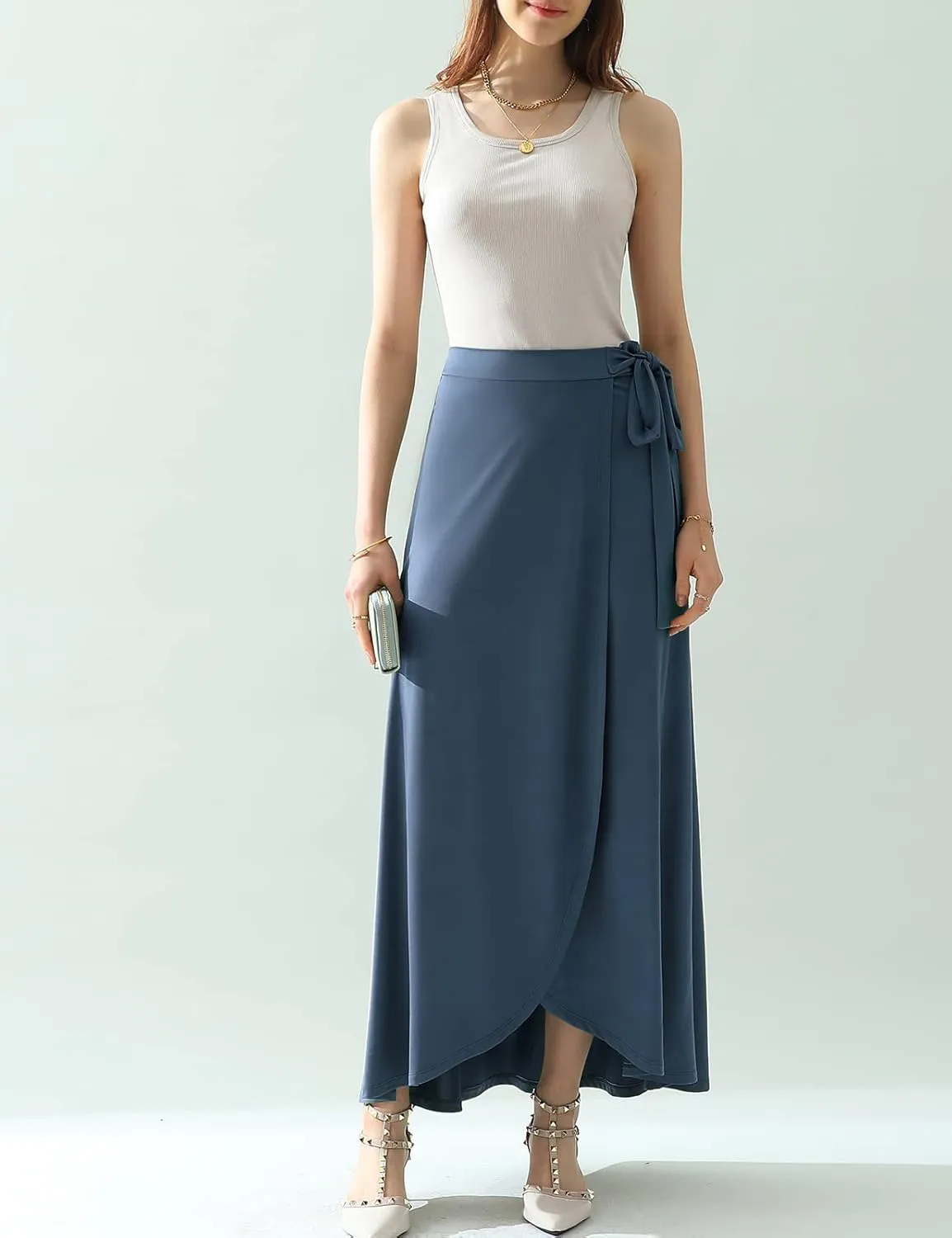 DOUBLJU Boho High Waisted Maxi Wrap Skirts with Slit High Waist Flare Ankle Length Long Basic Skirt for Womens with Plus Size