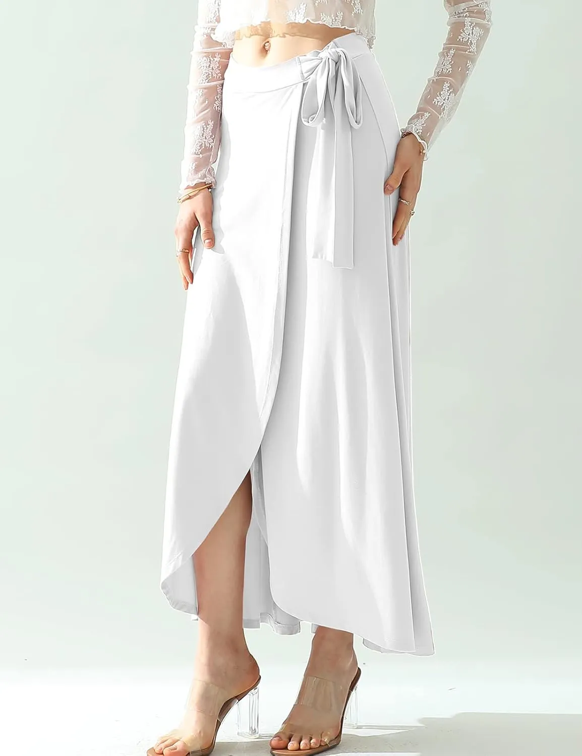 DOUBLJU Boho High Waisted Maxi Wrap Skirts with Slit High Waist Flare Ankle Length Long Basic Skirt for Womens with Plus Size