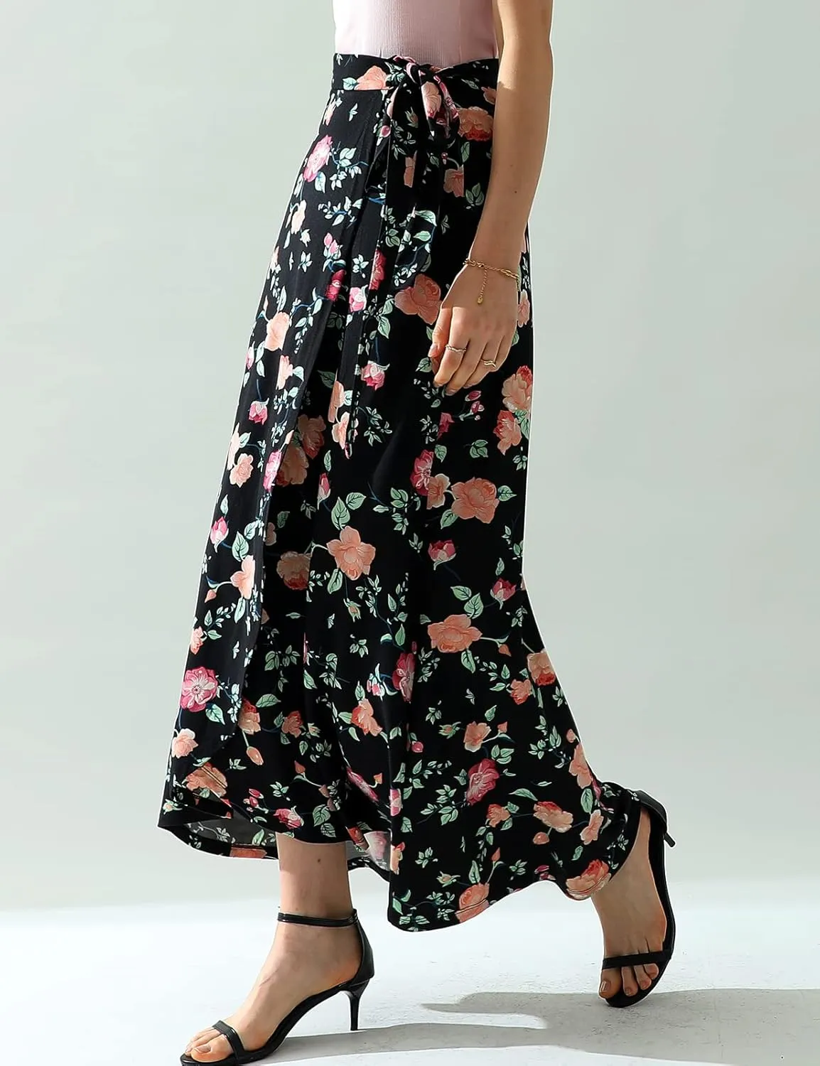 DOUBLJU Boho High Waisted Maxi Wrap Skirts with Slit High Waist Flare Ankle Length Long Basic Skirt for Womens with Plus Size
