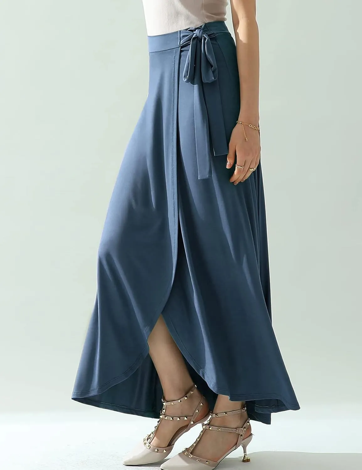 DOUBLJU Boho High Waisted Maxi Wrap Skirts with Slit High Waist Flare Ankle Length Long Basic Skirt for Womens with Plus Size