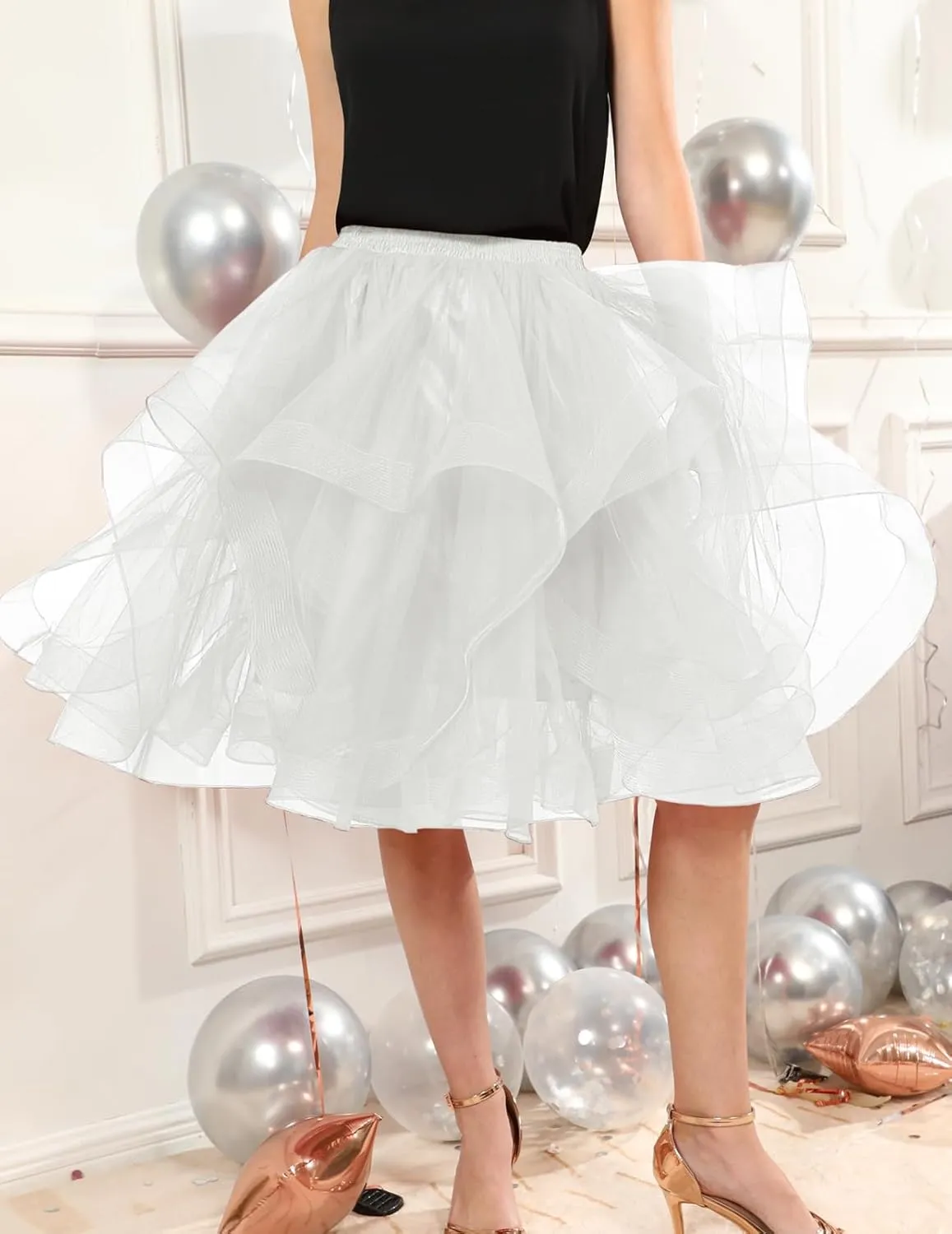 DRESSTELLS Tulle Skirts for Women, A Line Elastic Waist Tiered Layered Puffy Midi Long Party Tutu Skirt