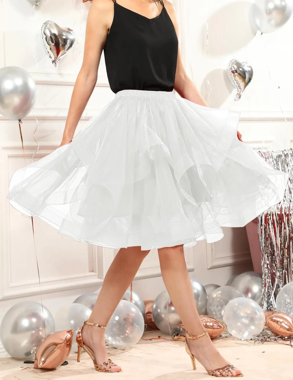 DRESSTELLS Tulle Skirts for Women, A Line Elastic Waist Tiered Layered Puffy Midi Long Party Tutu Skirt