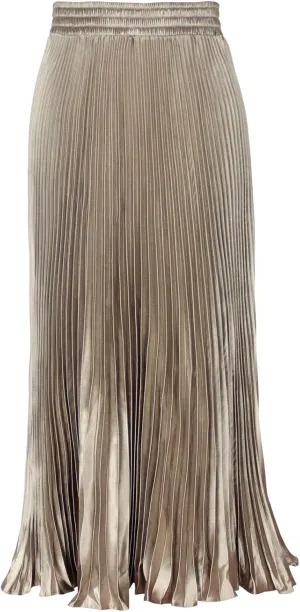 ebossy Women's Boho Satin Metallic Pleated Accordion Skirts Elastic High Waist Flowy A Line Shirring Maxi Long Skirt (One Size, Champagne)