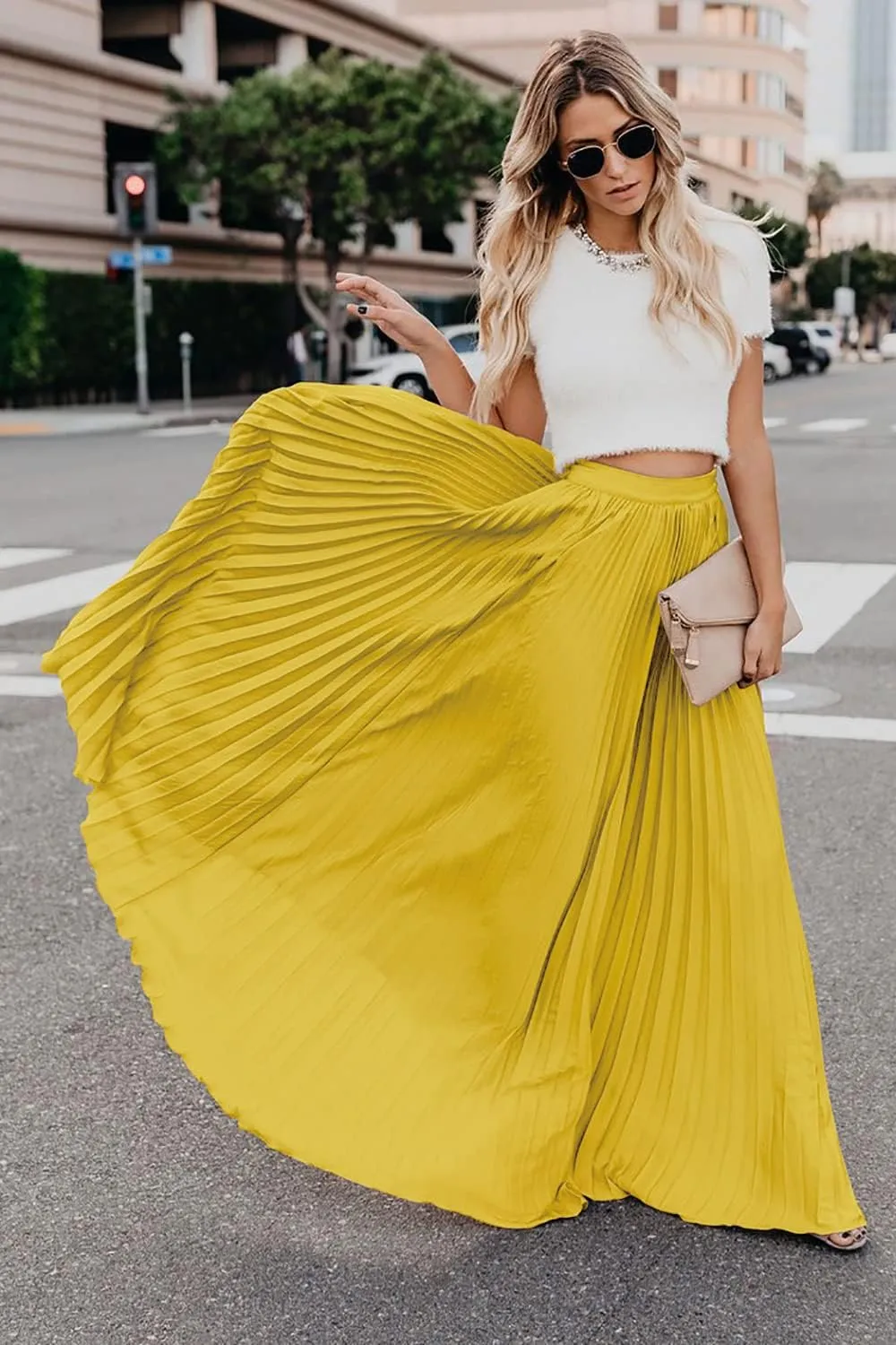 ebossy Women's High Waist Flowy Pleated Chiffon Maxi Skirt