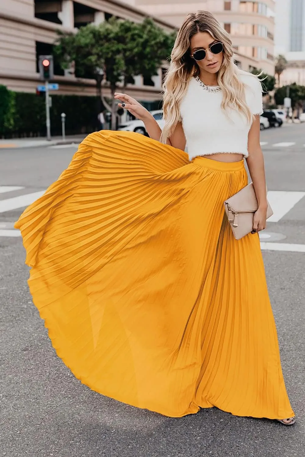 ebossy Women's High Waist Flowy Pleated Chiffon Maxi Skirt
