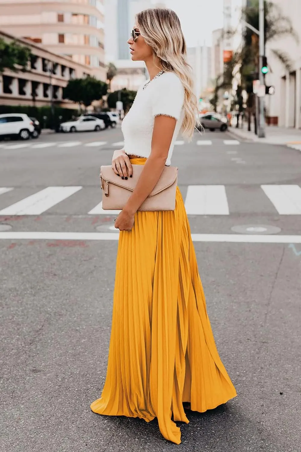 ebossy Women's High Waist Flowy Pleated Chiffon Maxi Skirt