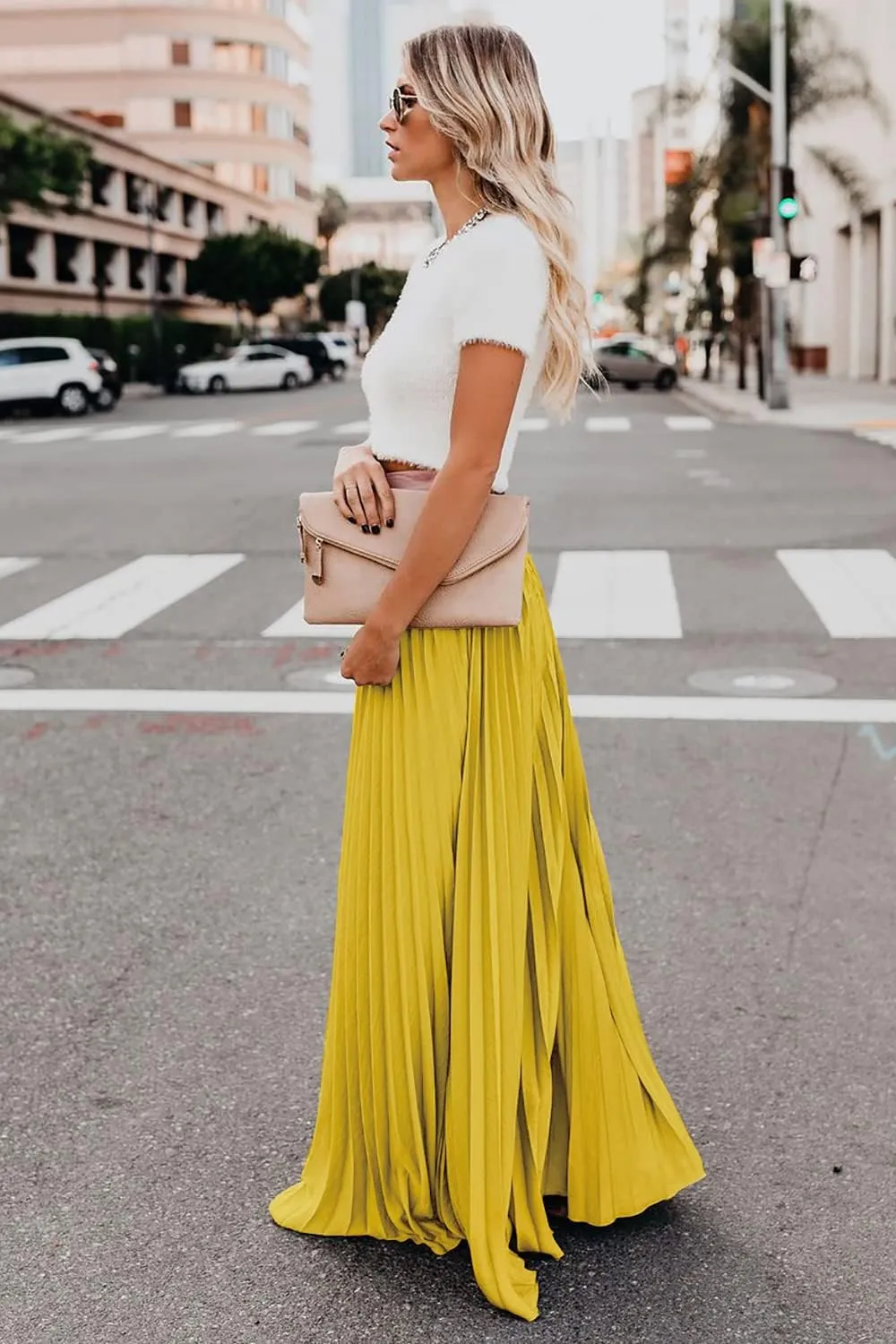 ebossy Women's High Waist Flowy Pleated Chiffon Maxi Skirt