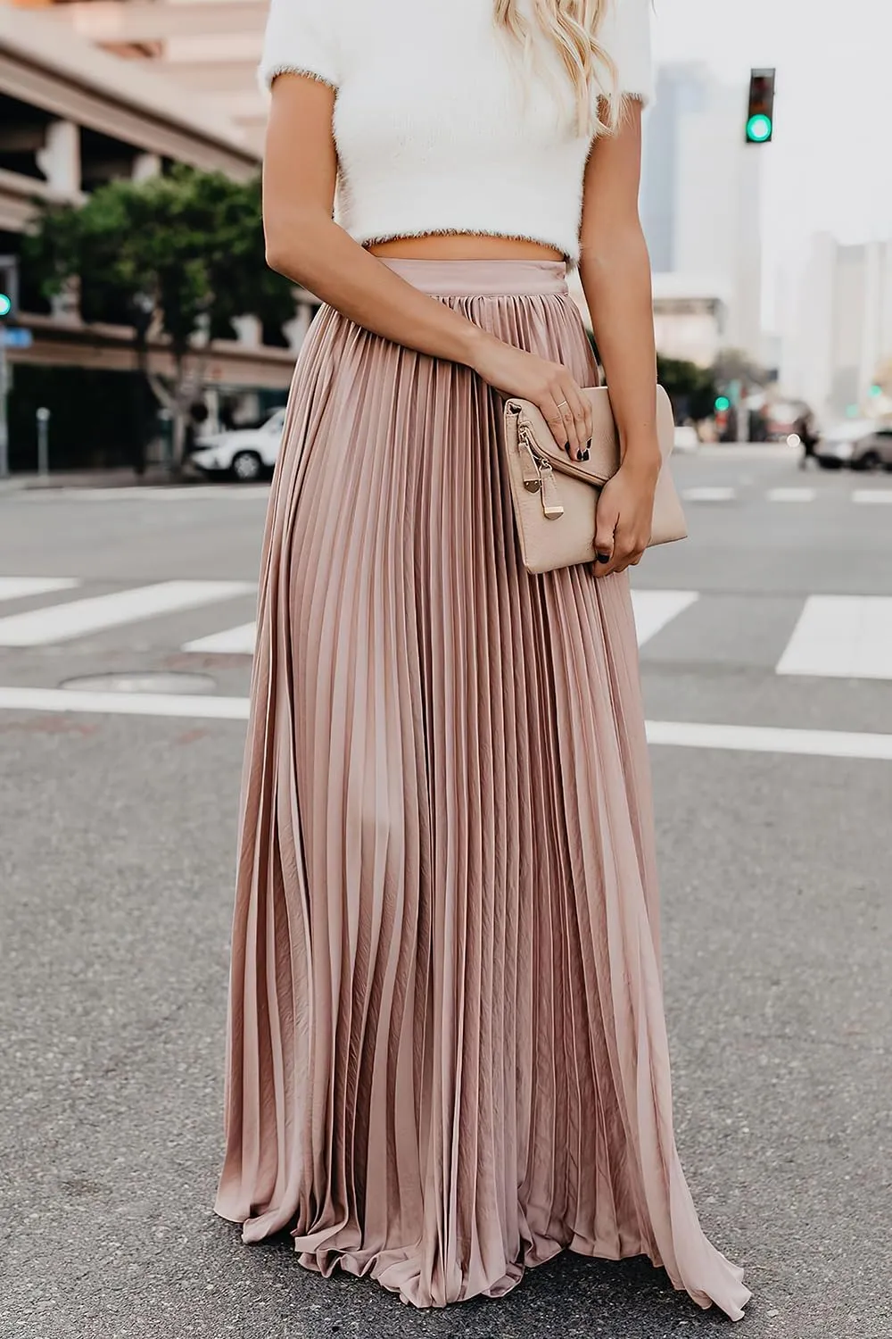 ebossy Women's High Waist Flowy Pleated Chiffon Maxi Skirt