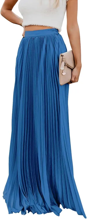 ebossy Women's High Waist Flowy Pleated Chiffon Maxi Skirt