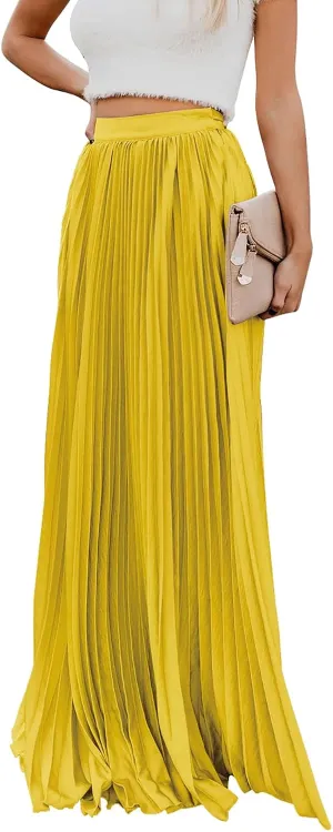 ebossy Women's High Waist Flowy Pleated Chiffon Maxi Skirt