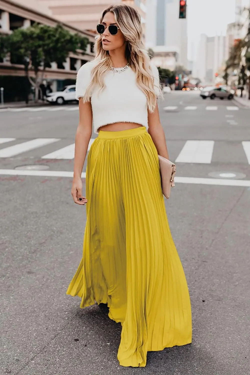 ebossy Women's High Waist Flowy Pleated Chiffon Maxi Skirt