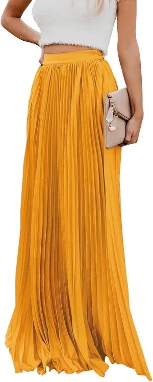 ebossy Women's High Waist Flowy Pleated Chiffon Maxi Skirt