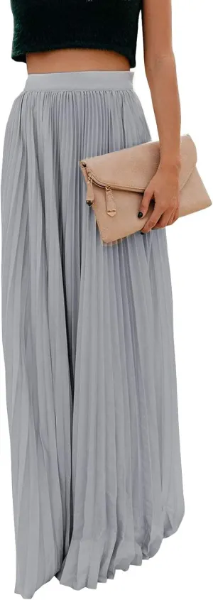 ebossy Women's High Waist Flowy Pleated Chiffon Maxi Skirt