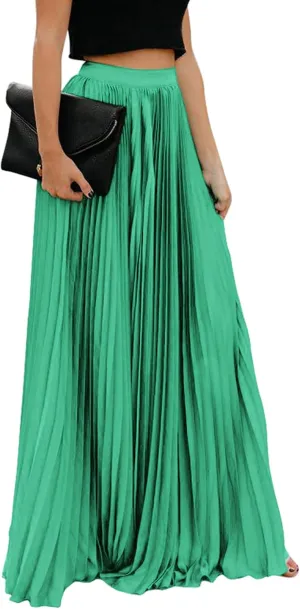 ebossy Women's High Waist Flowy Pleated Chiffon Maxi Skirt