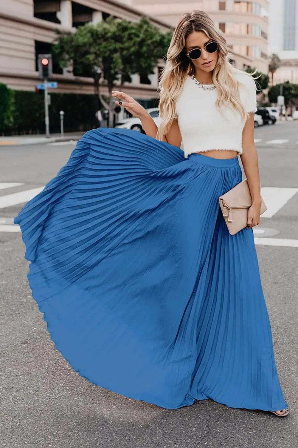 ebossy Women's High Waist Flowy Pleated Chiffon Maxi Skirt