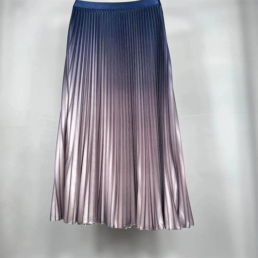 ERFMFKL Women Shiny Gradient High Waist Pleated Midi Skirt Loose Summer Casual Office Skirt