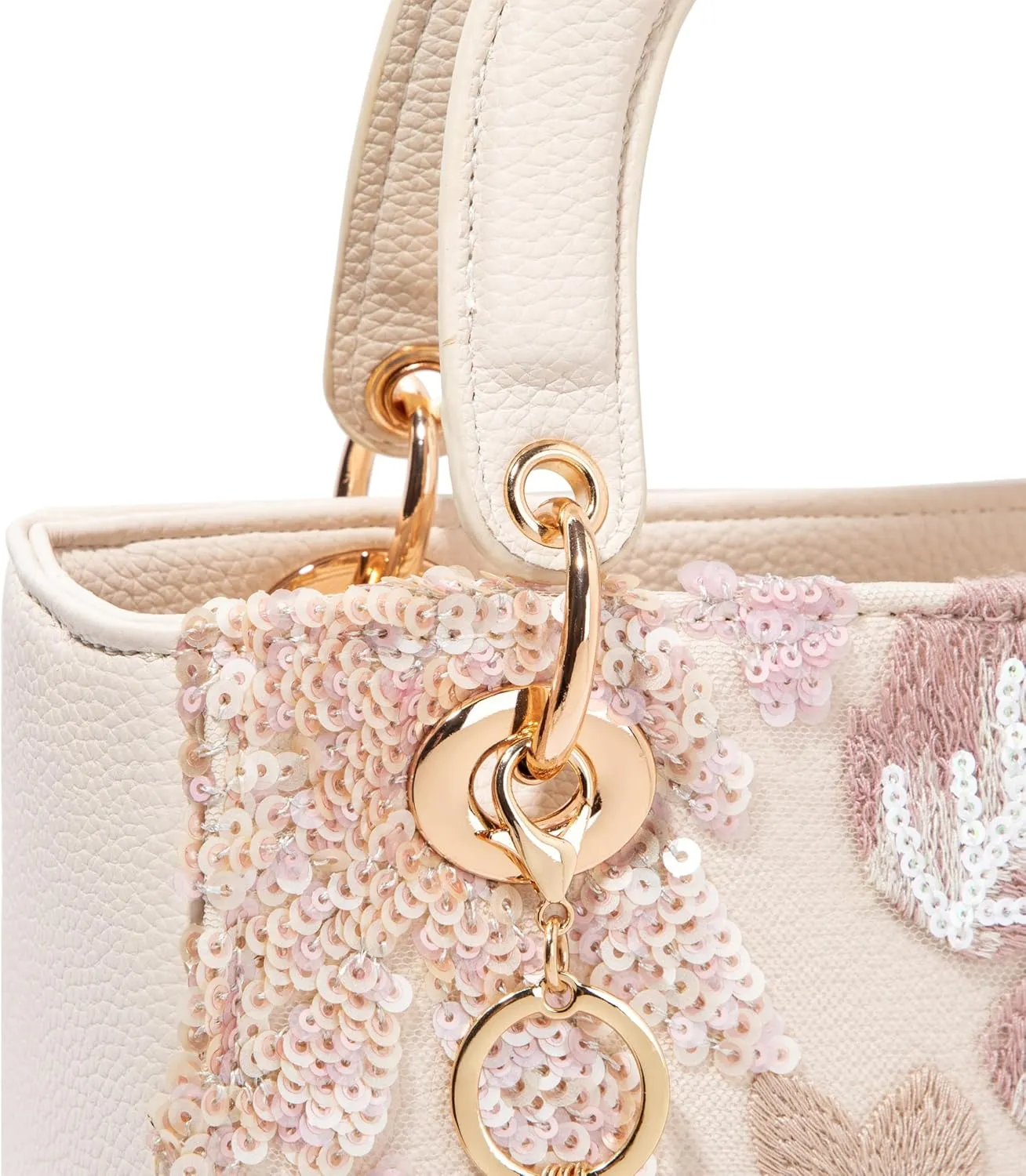 Faux Leather Box Sequin Embroidered Floral Top Handle Bag with Charms for Wedding Party