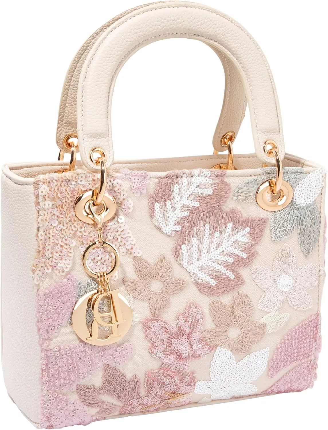 Faux Leather Box Sequin Embroidered Floral Top Handle Bag with Charms for Wedding Party