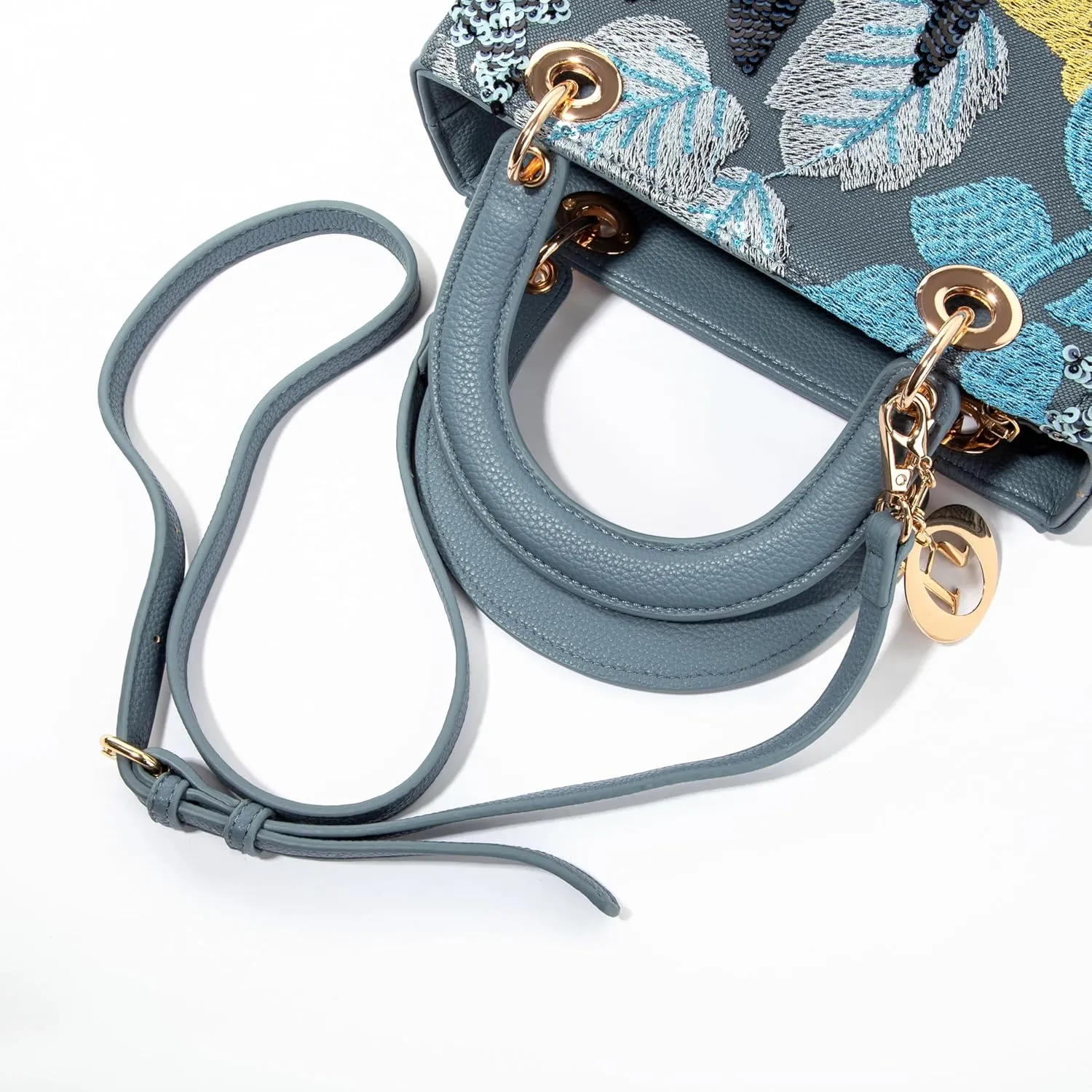 Faux Leather Box Sequin Embroidered Floral Top Handle Bag with Charms for Wedding Party